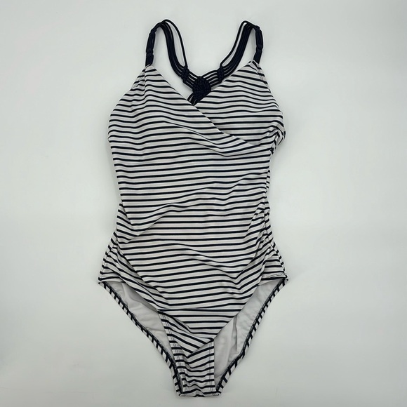 Kona Sol Women's Swimwear High Coverage One Piece‎ Striped Navy/White Size Large - Picture 1 of 5